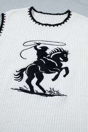 White ribbed sweater vest with black rodeo graphic and contrast trim neckline.