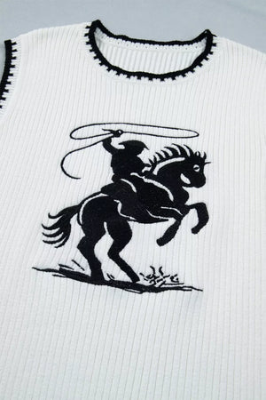 White ribbed sweater vest with black rodeo graphic and contrast trim neckline.