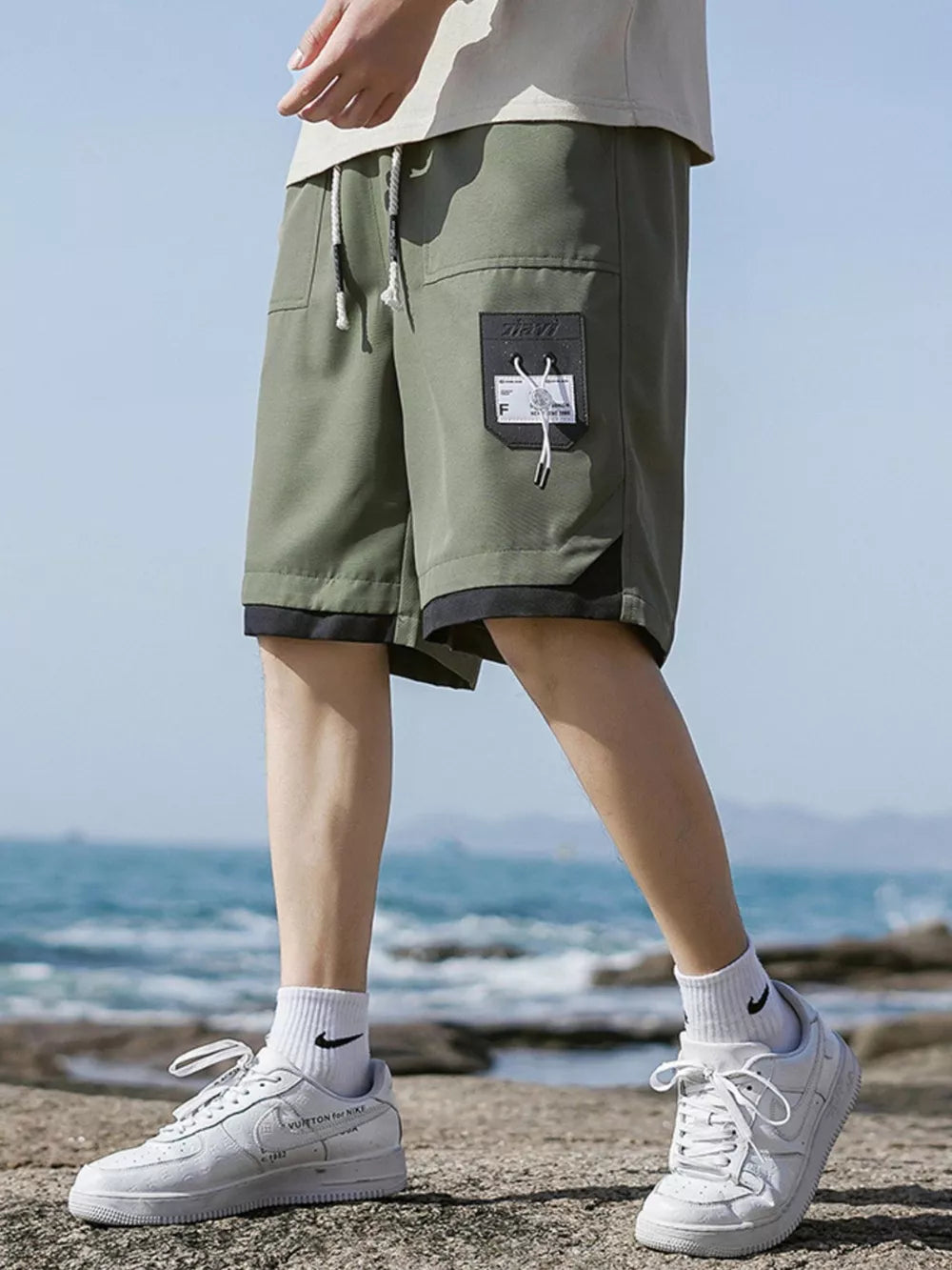 Men's Plus Size Drawstring Cargo Shorts in Cream, side view