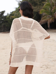 Open-knit polo beach dress in tan with short sleeves and a relaxed fit, perfect for layering over swimwear.