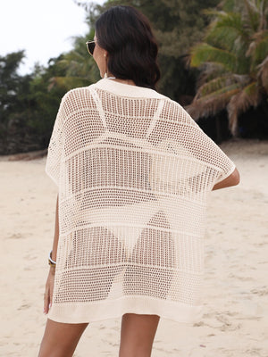 Open-knit polo beach dress in tan with short sleeves and a relaxed fit, perfect for layering over swimwear.