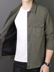 Moss corduroy button-down jacket with chest pockets and black lining