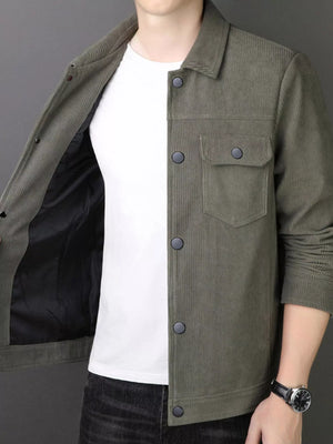 Moss corduroy button-down jacket with chest pockets and black lining