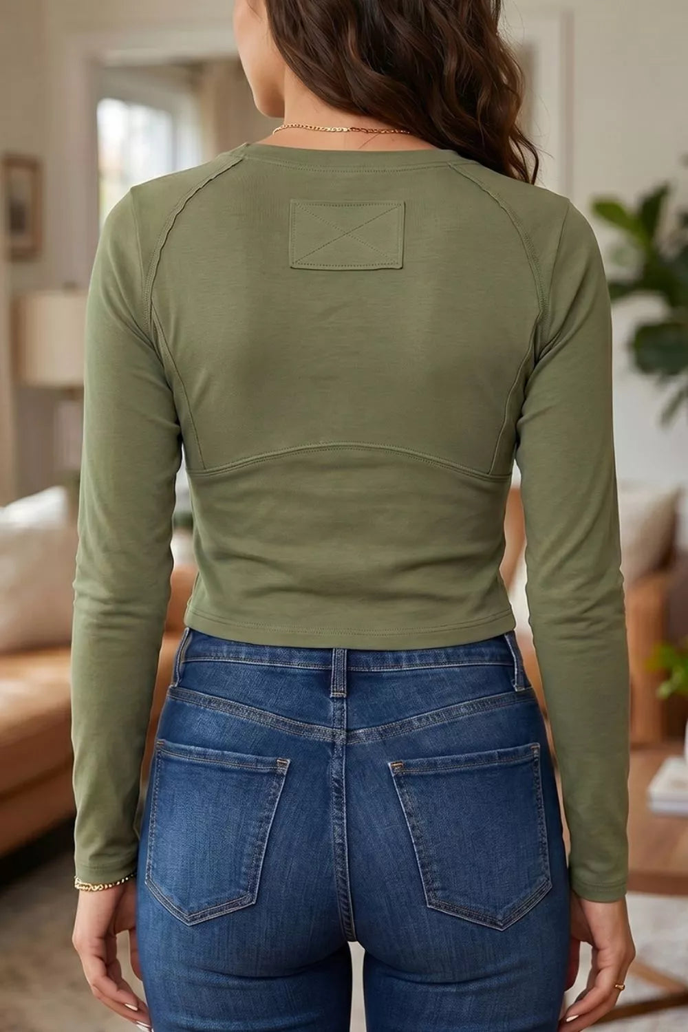 Long Sleeve Round Neck Paneling T-shirt, close-up detail