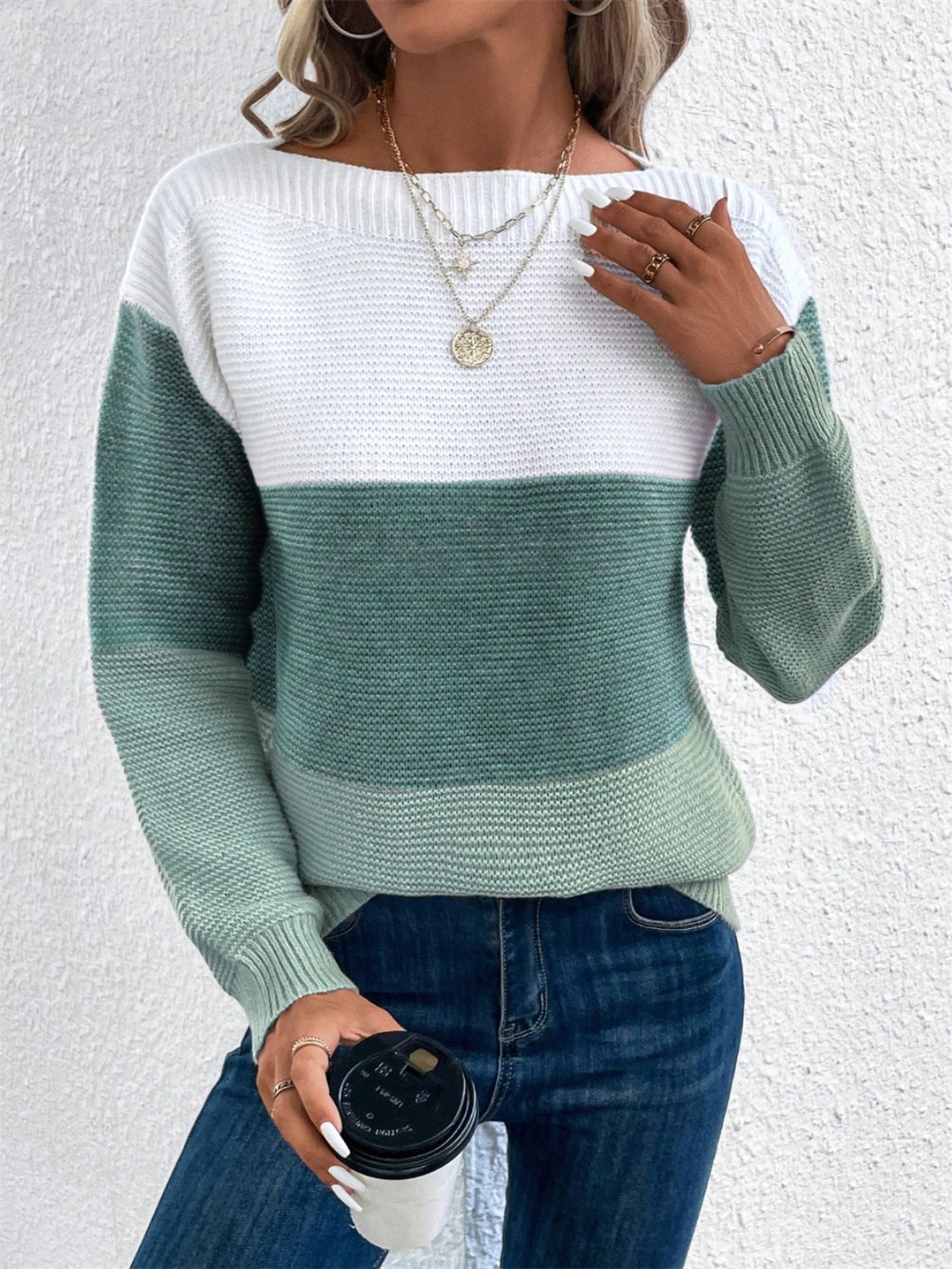 Colorblock boatneck knit sweater in white and green stripes, acrylic, casual style.