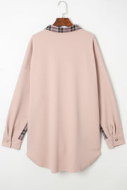 Blush pink waffle knit overshirt with plaid collar and sleeve trim.