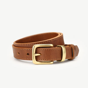 Brown cowhide leather belt with brass buckle and stitching detail