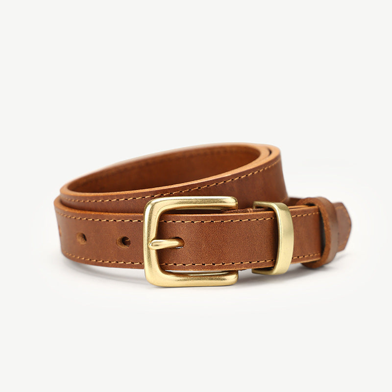 Brown cowhide leather belt with brass buckle and stitching detail