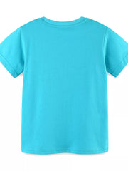 Toddler blue cotton blend t-shirt with short sleeves and crew neck.