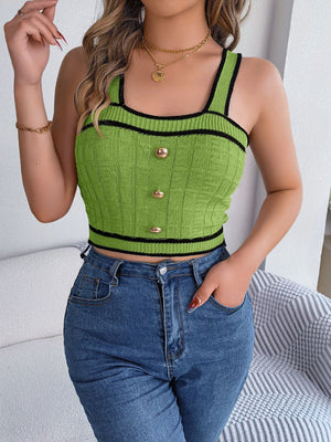 Green textured knit tank top with black contrast trim and gold buttons.