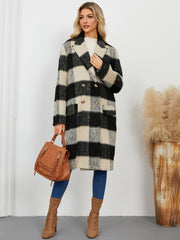 Checked plaid double-breasted cocoon coat in black and cream with gold buttons.