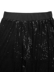 Black sequin maternity trousers with a comfortable wide-leg fit and elastic waistband.