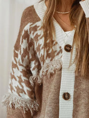 Brown acrylic cardigan with houndstooth pattern, fringe trim, and button front.