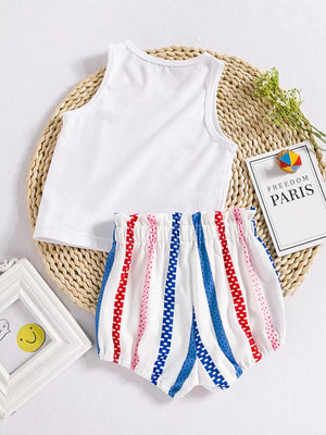 Baby girls' white tank top and striped shorts set