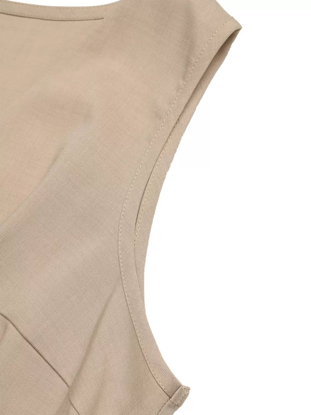 V-neck tied waist romper in beige, showing neckline detail