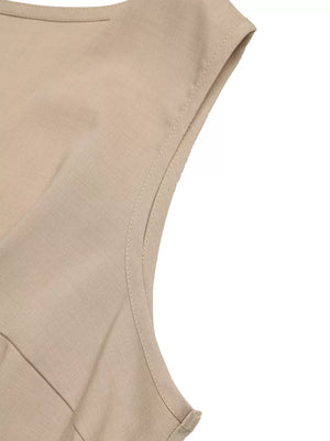 V-neck tied waist romper in beige, showing neckline detail