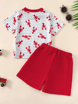 Baby set with white striped tee and red lobster print, paired with red shorts.