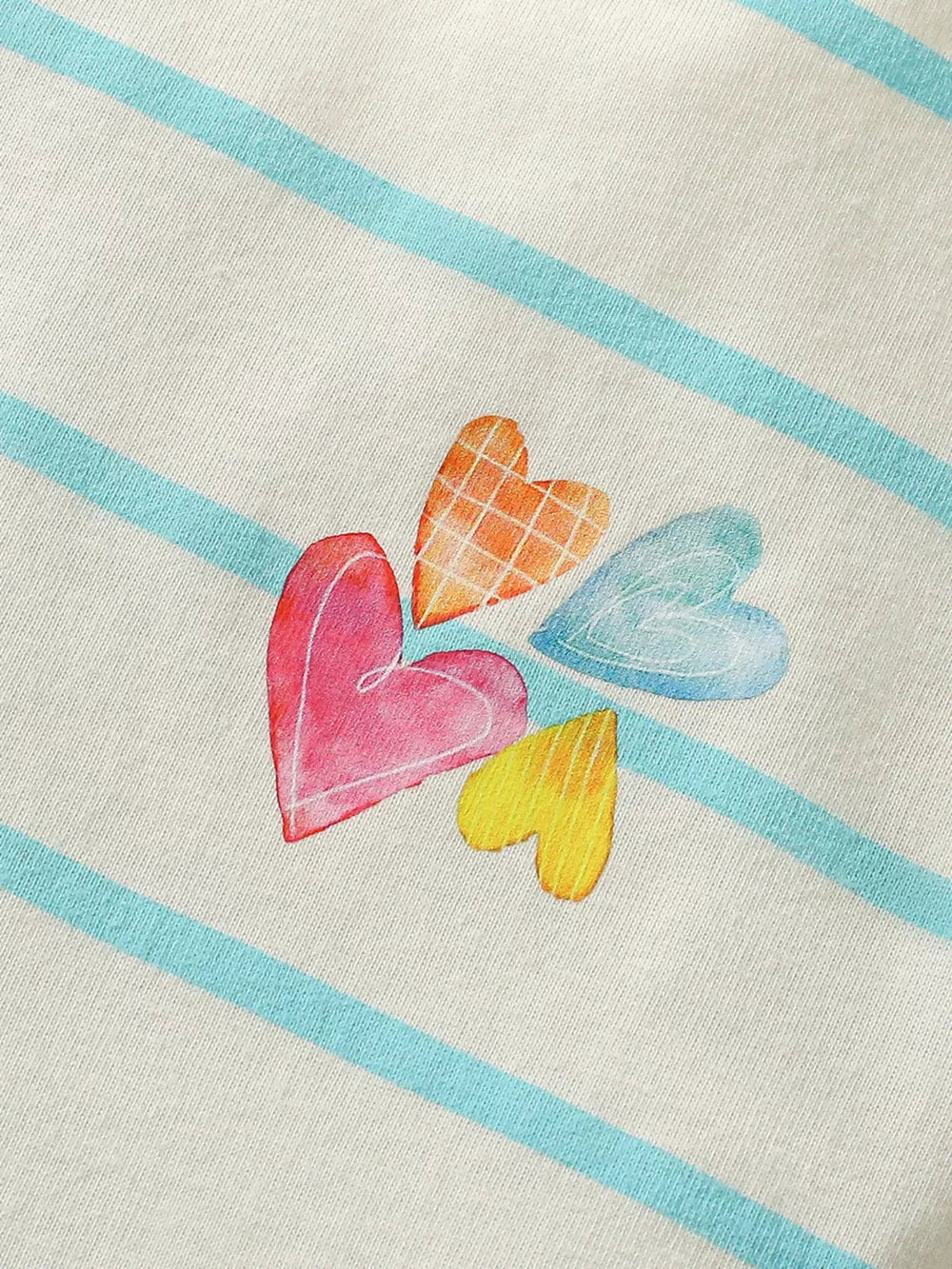 Toddler dress with watercolor hearts and blue stripes on cotton fabric.