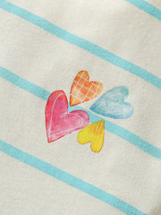 Toddler dress with watercolor hearts and blue stripes on cotton fabric.