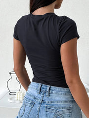 Black fitted t-shirt with short sleeves and a round neckline.