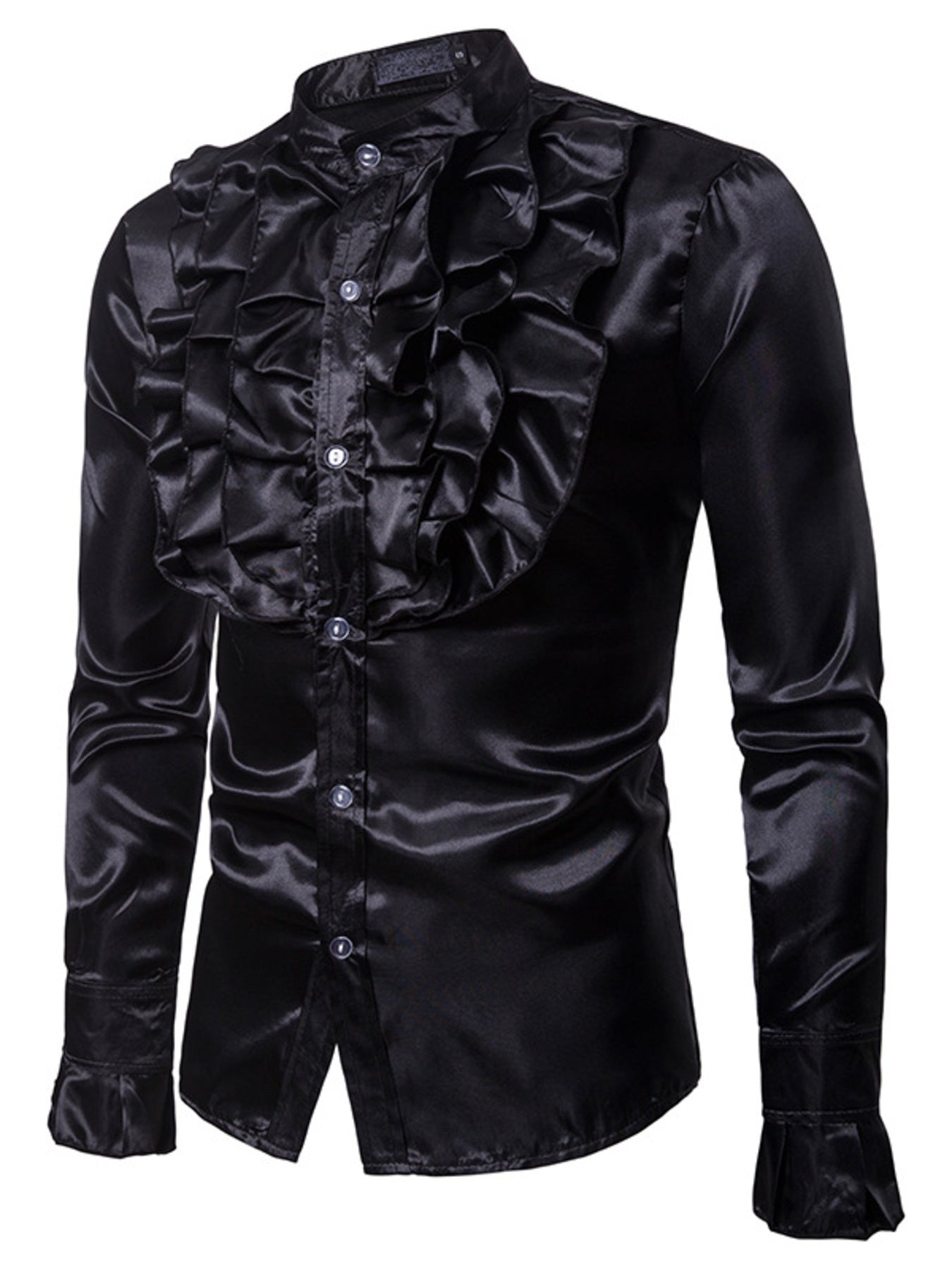 Men's black satin ruffle front button-down shirt with ruffled cuffs
