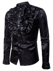 Men's black satin ruffle front button-down shirt with ruffled cuffs