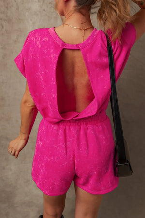 Acid wash hot pink tee and shorts set with open back detail