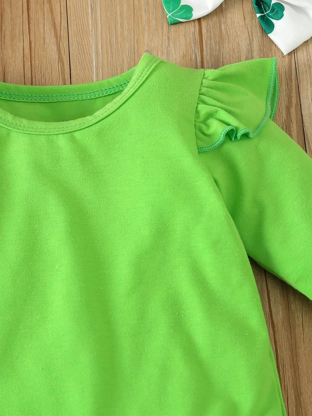 Children's Ruffled Long Sleeve Bodysuit & Dress Set in Grass Green, close-up detail