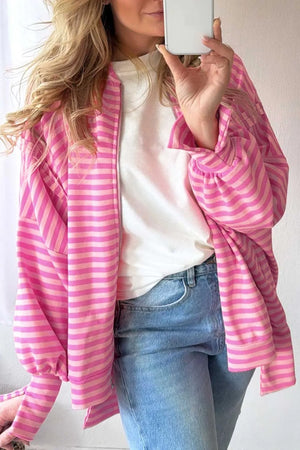 Striped Zip-up Loose Fit Hoodie in Pink, model styling view