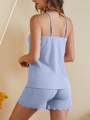 Light blue ribbed cami and shorts set with lace trim detail