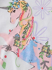 Toddler tee with a pink unicorn graphic, floral accents, and glitter details.