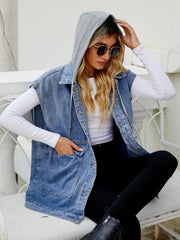 Sleeveless dark wash denim utility vest with grey hood and front pockets.