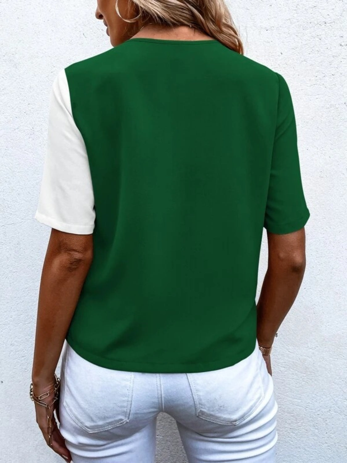 Two-tone dark green and white asymmetric short sleeve shirt