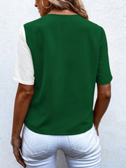 Two-tone dark green and white asymmetric short sleeve shirt