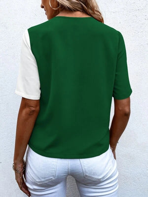 Two-tone dark green and white asymmetric short sleeve shirt
