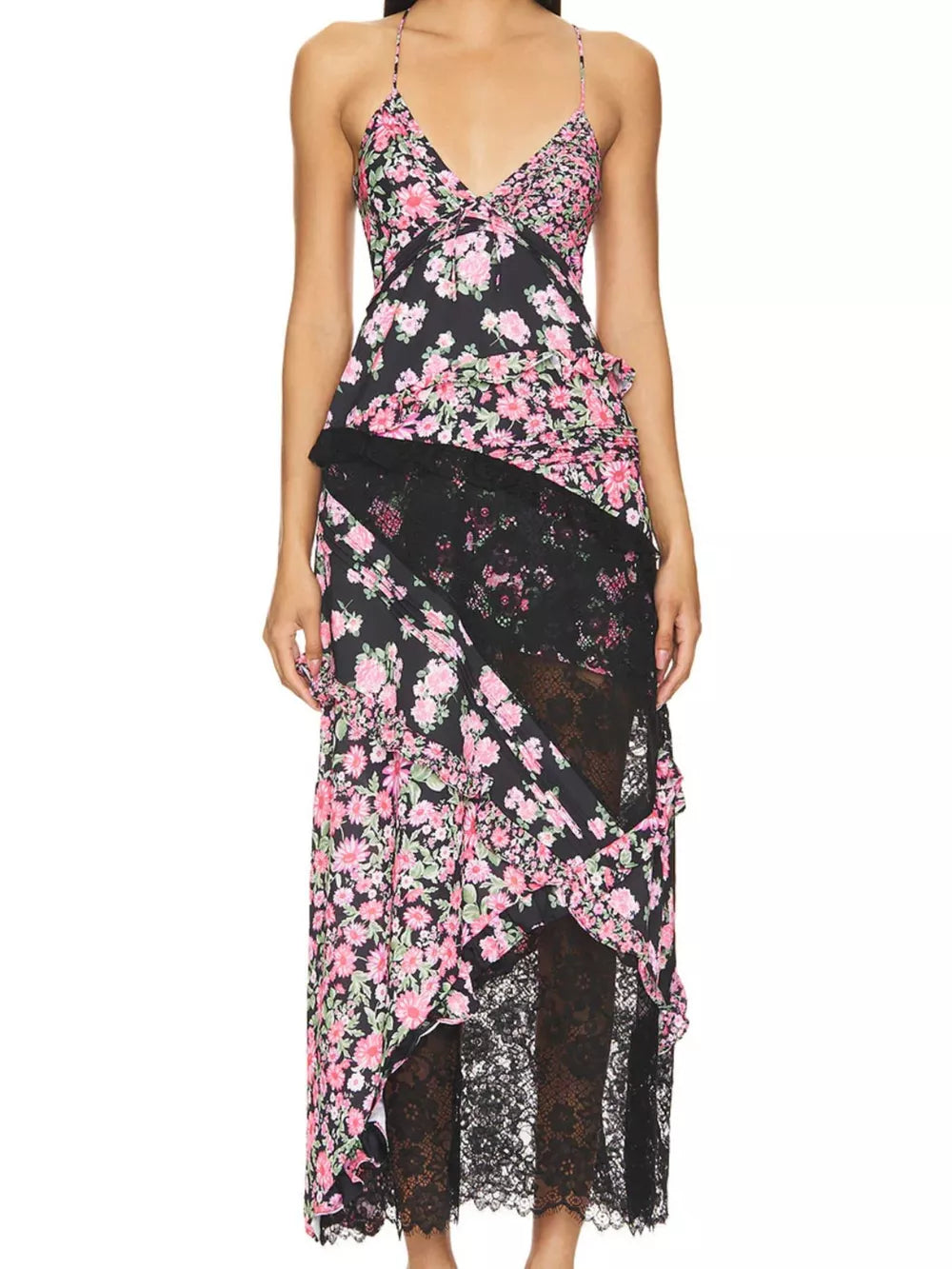Maxi dress with floral print, black lace trim, asymmetrical hem, and spaghetti straps.