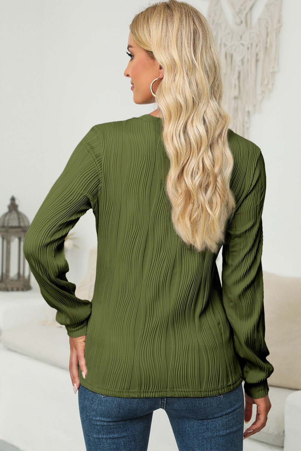 Textured Wave Crewneck Pullover in Moss with long sleeves and a ribbed texture.