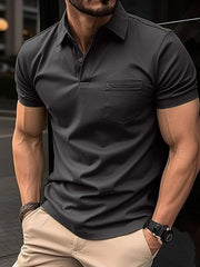 Dark Gray Modern Fit Pocket Polo Shirt with button neckline and chest pocket.