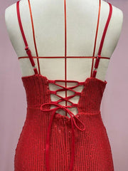 Big Red sequin maxi dress with lace-up back detail and adjustable spaghetti straps.