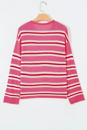 Striped Button-up Cardigan in Pink, fit detail