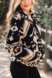 Aztec Print Fleece Snap Down Sweatshirt in Black, model styling view
