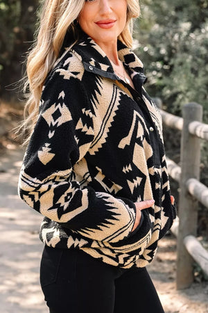 Aztec Print Fleece Snap Down Sweatshirt in Black, model styling view