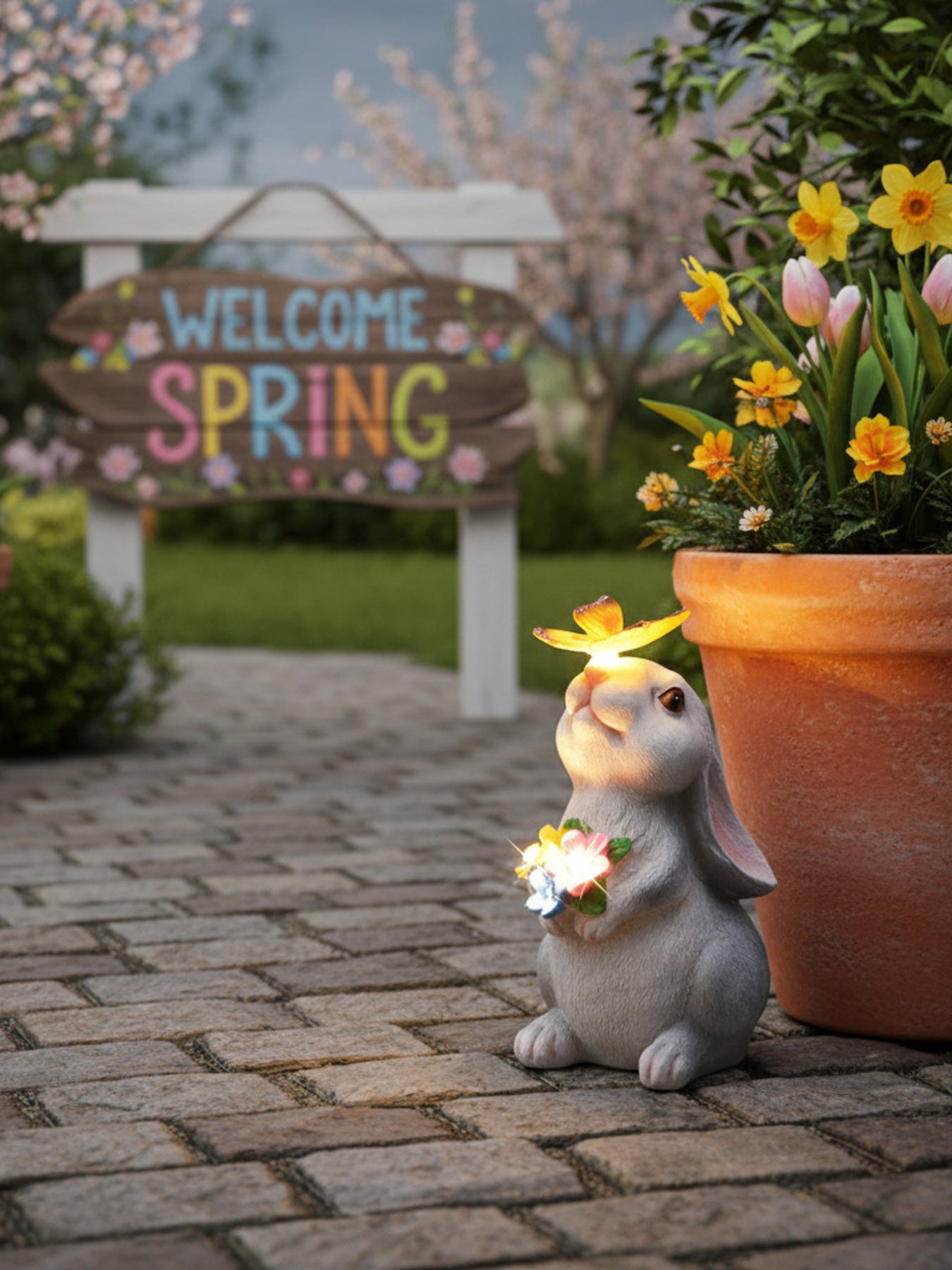 Easter bunny garden ornament with butterfly and flowers, solar powered light