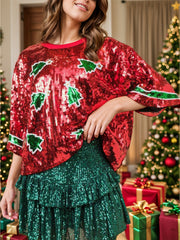 Sequin Christmas tree tee in burgundy with green trim and festive holiday graphic.