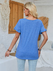 Sky blue t-shirt with flutter sleeves and a scoop neck.