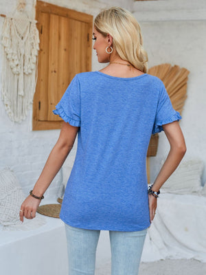 Sky blue t-shirt with flutter sleeves and a scoop neck.