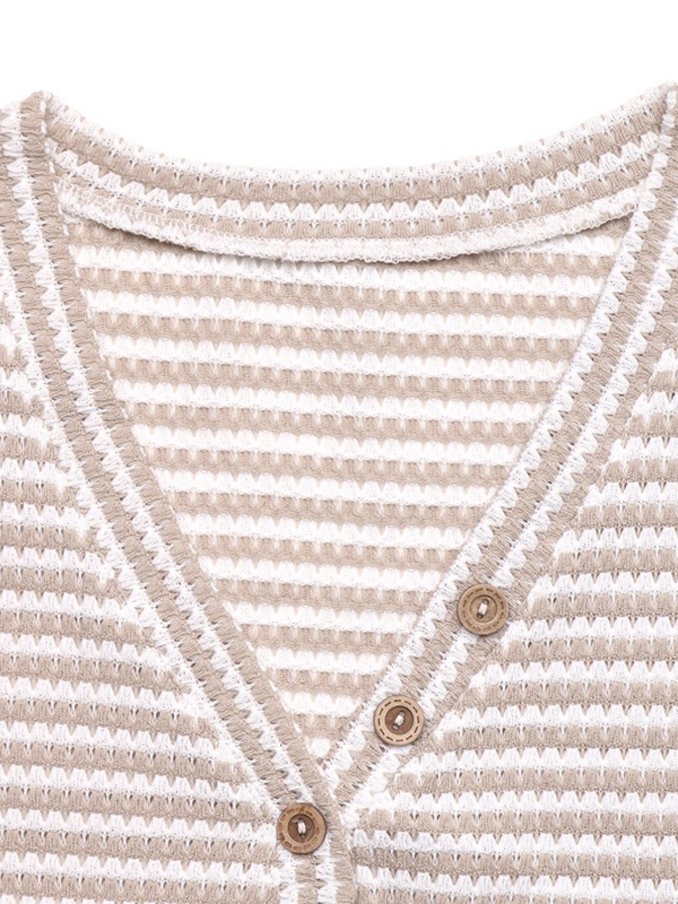 V-neck t-shirt with cap sleeves, horizontal stripes, and wood buttons.