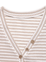 V-neck t-shirt with cap sleeves, horizontal stripes, and wood buttons.