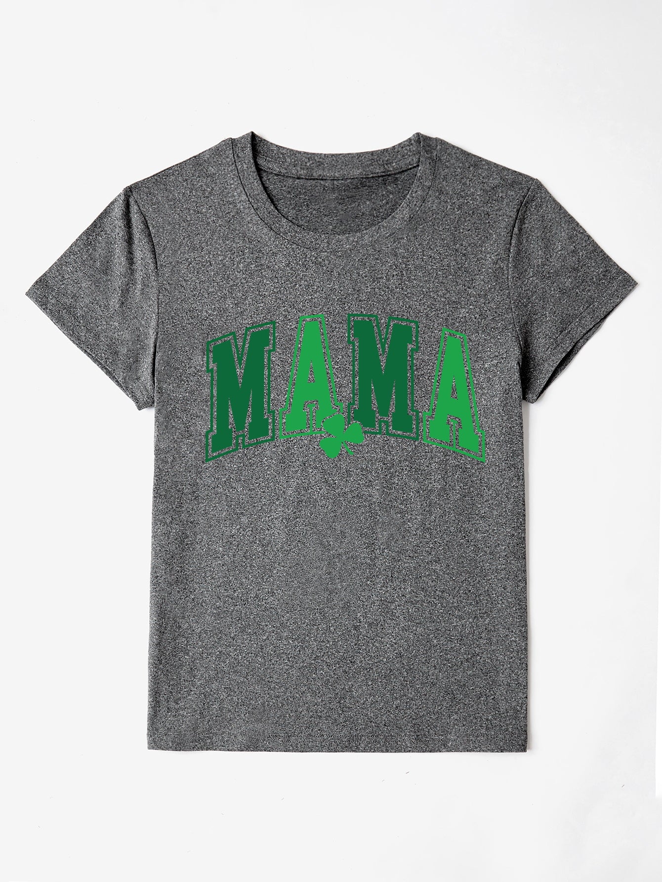 Gray graphic t-shirt with green "MAMA" text and shamrock detail