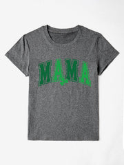 Gray graphic t-shirt with green "MAMA" text and shamrock detail